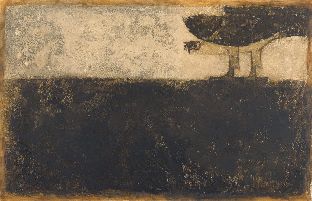 《鷹》　1958年　油彩、方解末、木炭、カンヴァス　山口県立美術館